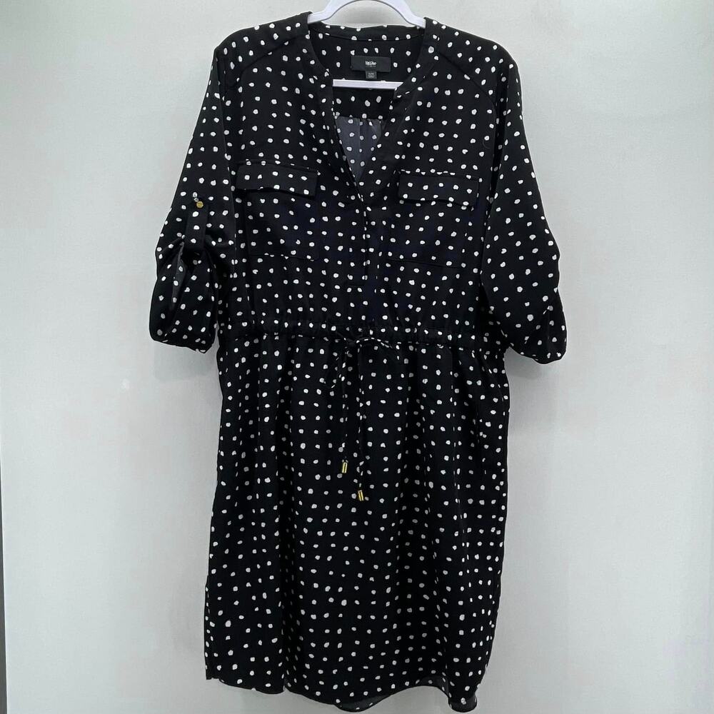 Mossimo Dress Wms XL Blk White Polka Dot Drawstring Waist Knee Length 3/4 Sleeve